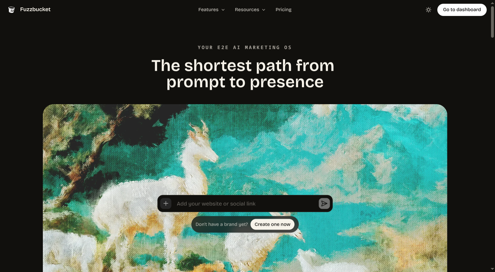 Fuzzbucket public homepage showing the prompt-to-presence headline and brand creation form over an illustrated landscape.