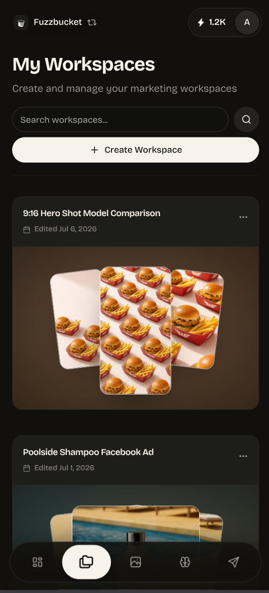 Mobile workspace list with search, workspace creation, and visual project cards.