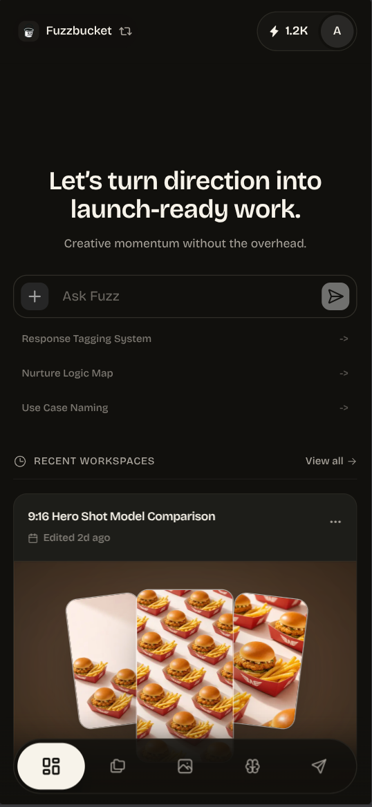 Mobile Fuzzbucket dashboard with prompt suggestions, recent workspaces, and bottom navigation.