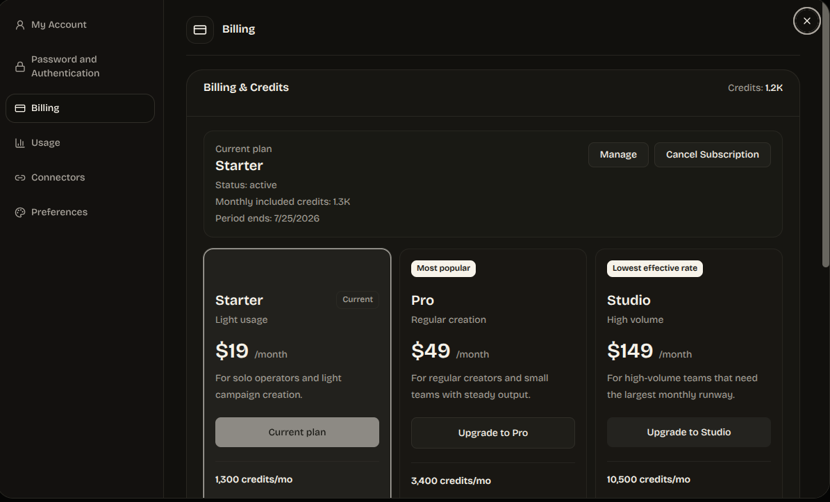 Billing settings showing the active plan, credit balance, and upgrade options for Starter, Pro, and Studio.