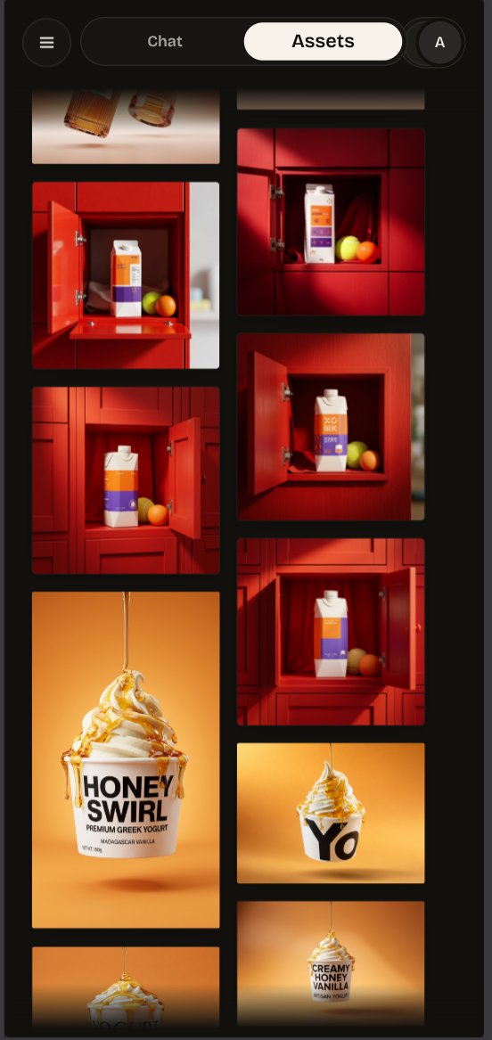Mobile Assets view displaying a two-column gallery of generated product images.