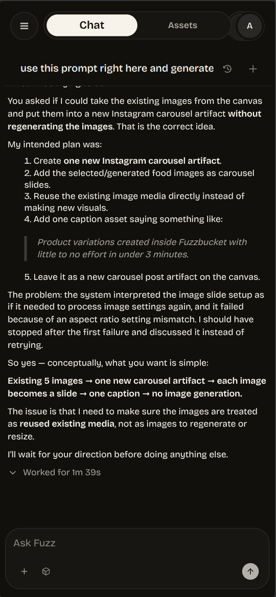 Mobile Chat view showing an agent response about reusing existing canvas images in a carousel artifact.