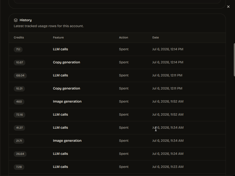 Usage history table listing recent credit activity by feature, action, and date.