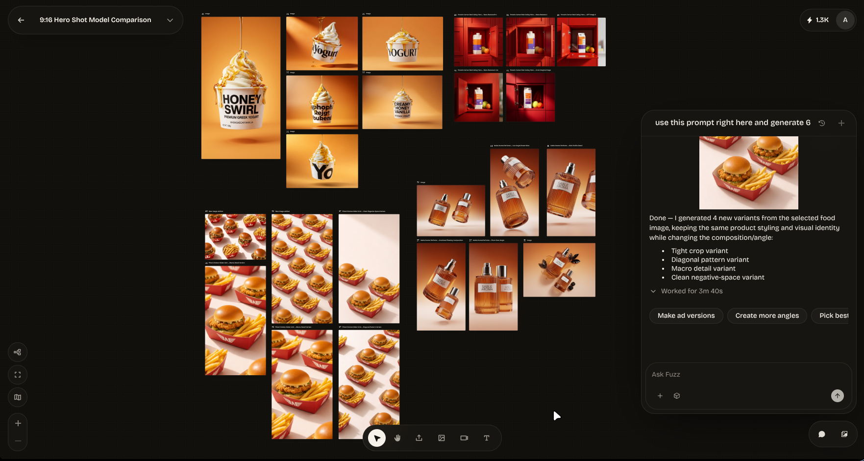 Desktop Fuzzbucket workspace with generated food and product images arranged across the canvas beside the agent chat.