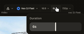 Video generation duration control showing a six-second selection.
