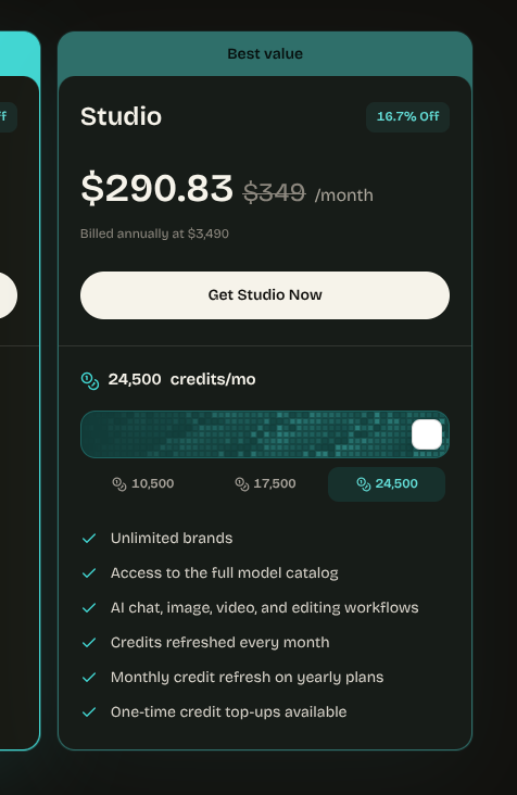 Studio annual plan card showing the discounted monthly rate, 24,500 monthly credits, and included features.
