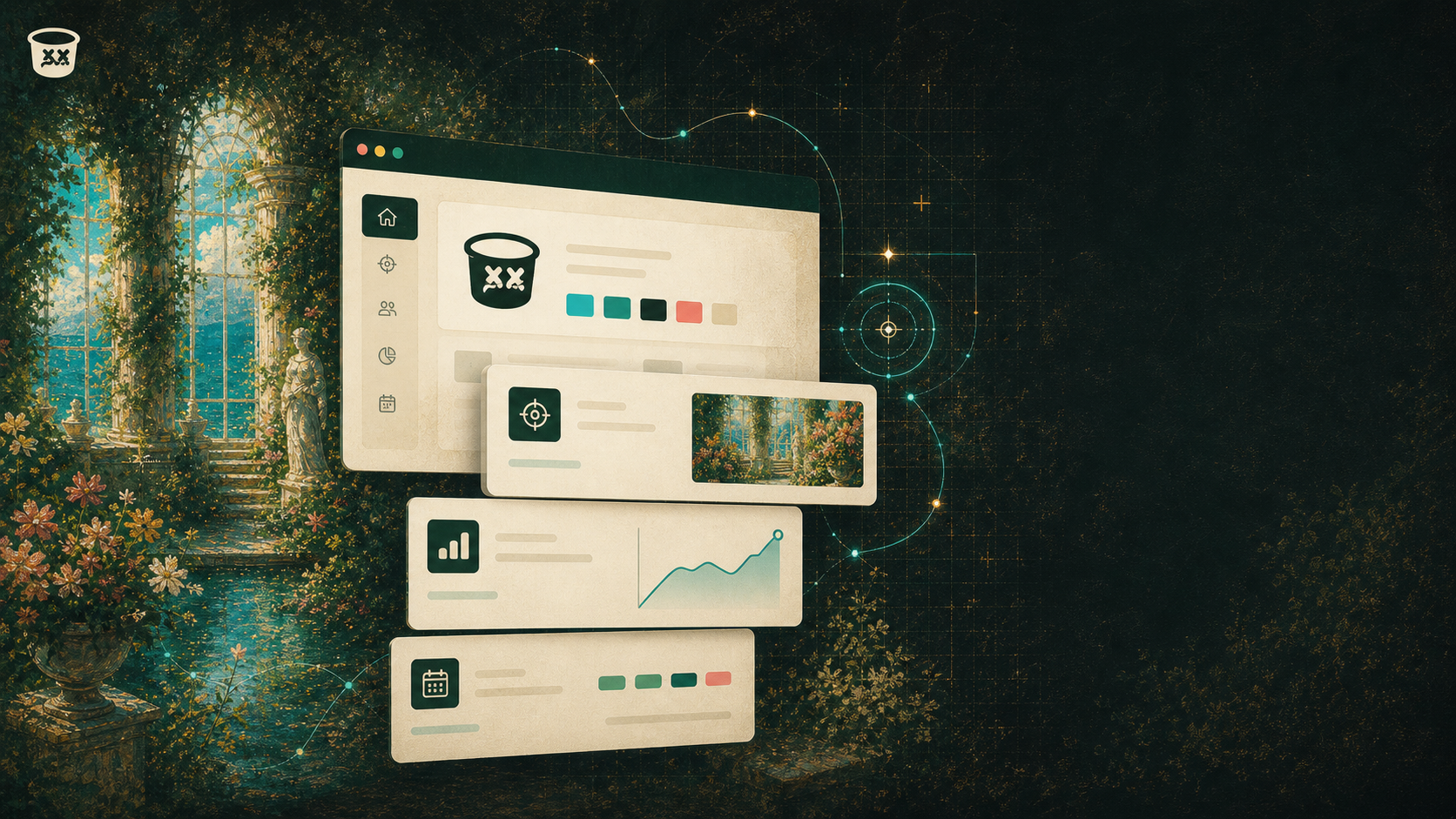 Fuzzbucket workspace panels for brand creation, social scheduling, and performance analytics over a garden-inspired background.