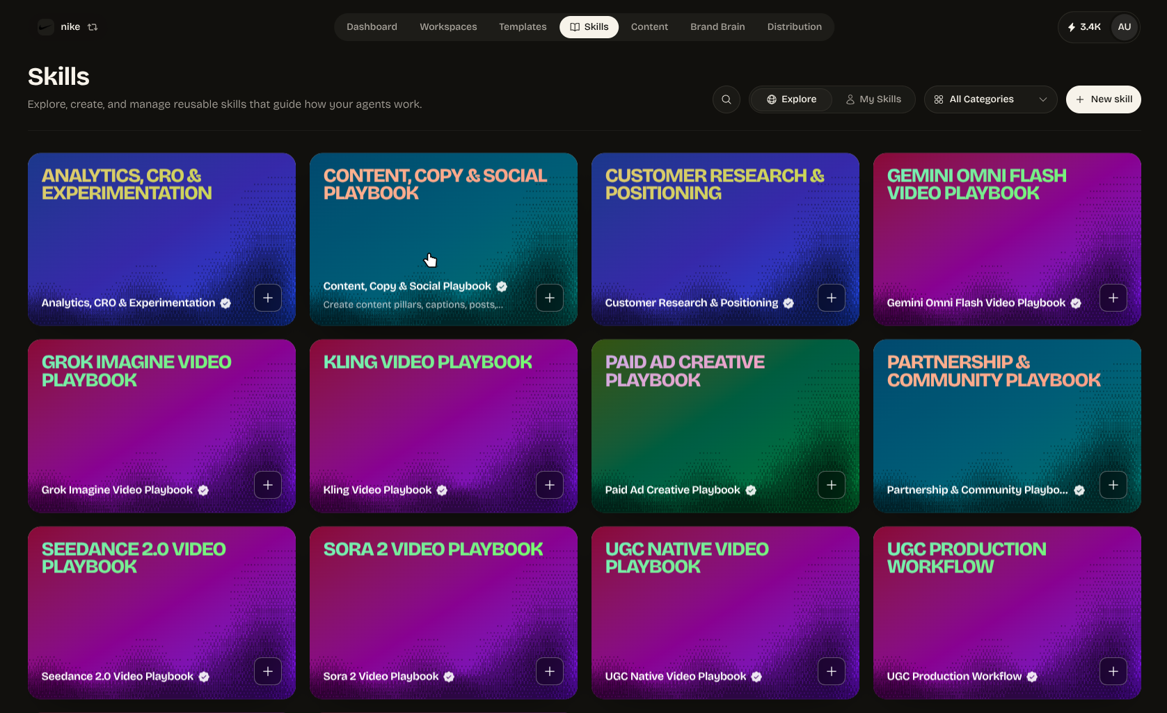 Fuzzbucket Skills library showing reusable analytics, research, content, advertising, and video playbooks.