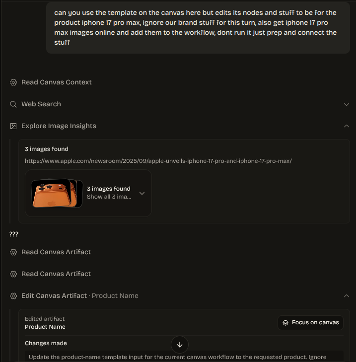 Agent activity panel showing web research, image discovery, and canvas artifact editing steps.