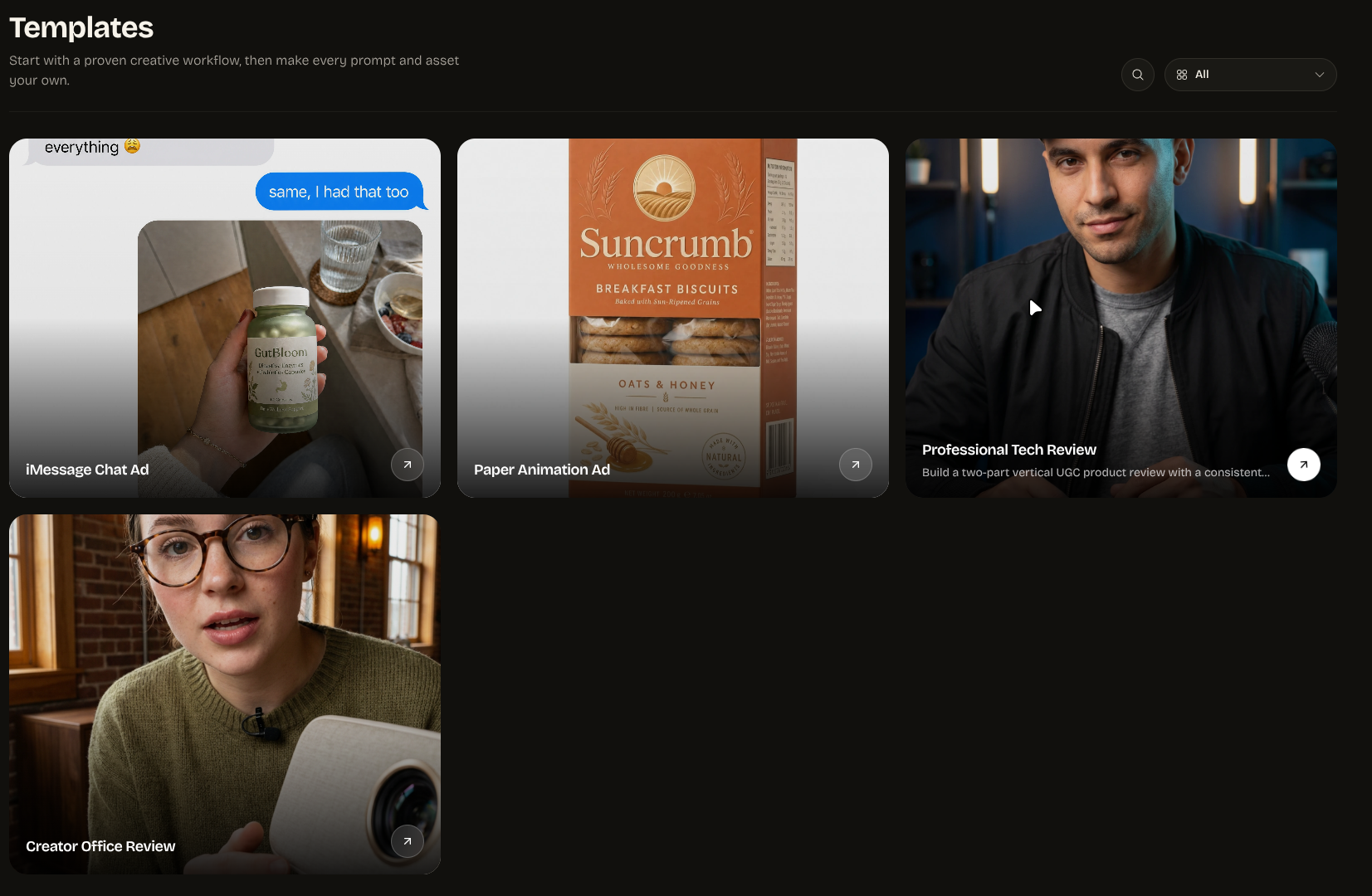 Workflow Templates page showing reusable creative workflows for messaging ads, product animation, and video reviews.