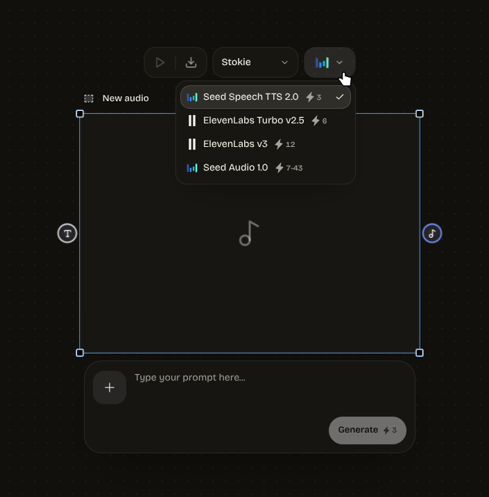First-class audio node on the canvas with voice selection and text-to-speech model options.